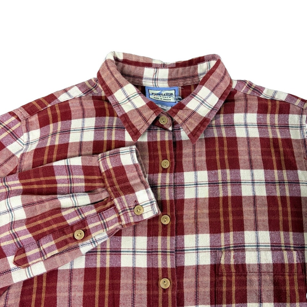 Vintage Pendleton Womens Large Plaid Flannel Shirt Burgundy Cottagecore USA